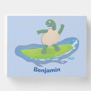 Funny tortoise wave surfing cartoon wooden box sign