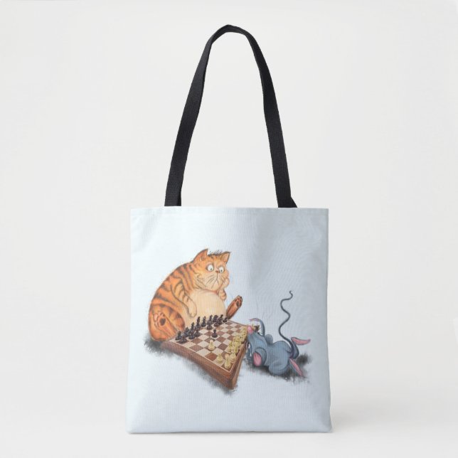 Funny Tote Bag with Cat and Mouse Playing Ches (Front)