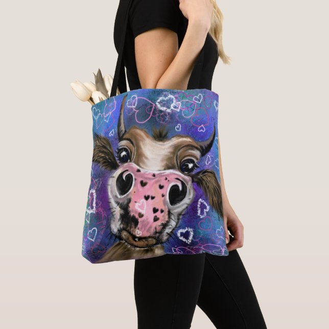 Funny Tote Bag with Playful Curious Cow - Smile (Close Up)