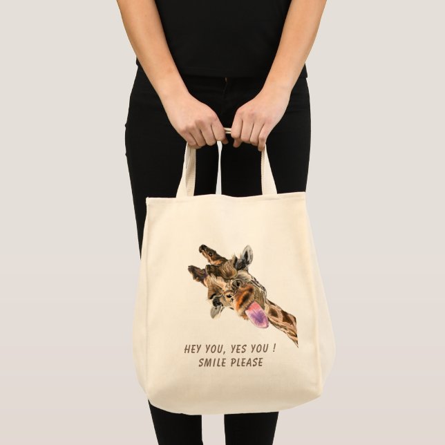 Funny Tote Bag with Playful Giraffe - Custom Text (Front (Product))