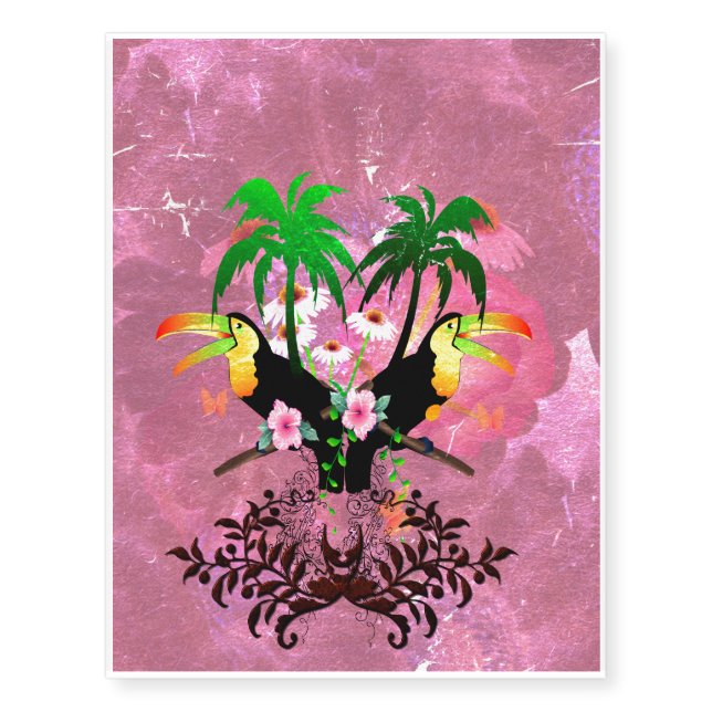 Funny toucan with flowers temporary tattoos (Front)