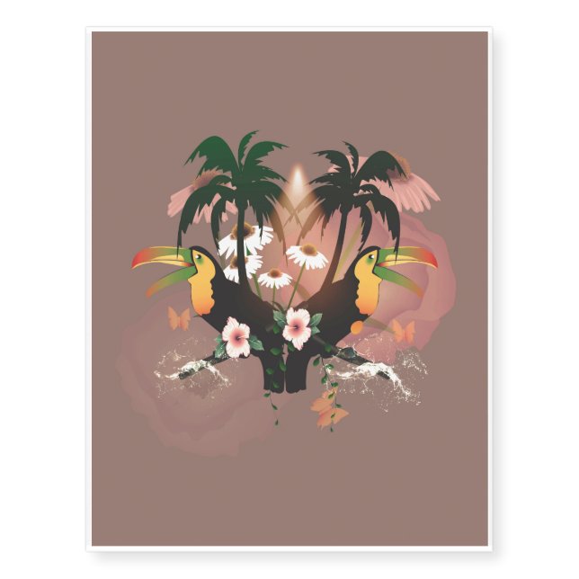 Funny toucans with palm temporary tattoos (Front)