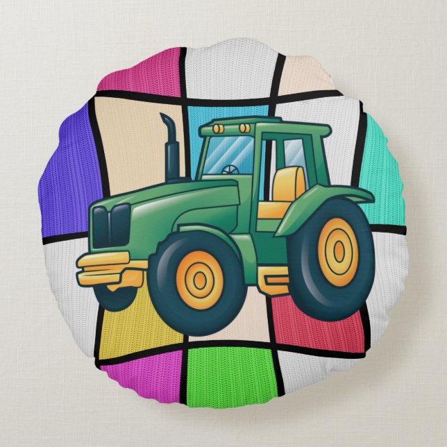 Funny Tractor Cartoon Design Round Pillow (Back)