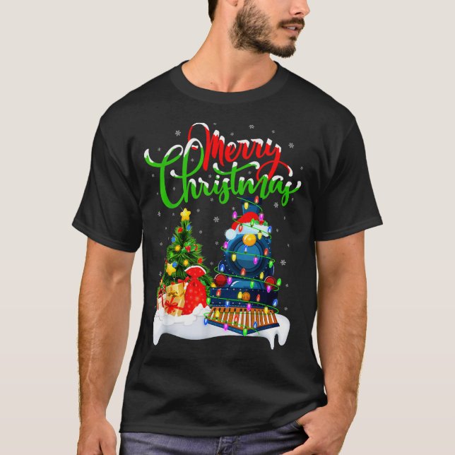 Funny Train Lover Xmas Lighting Santa Train Christ T-Shirt (Front)