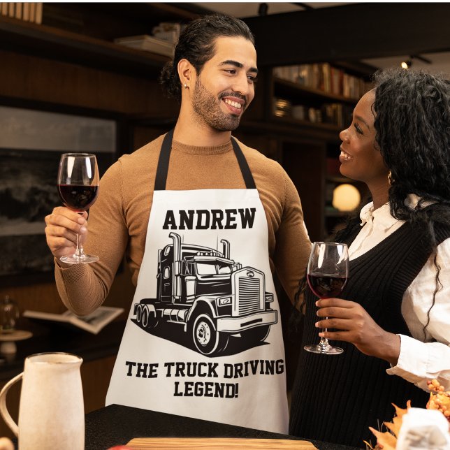 Funny Transport Semi Truck Driver Custom Name Apron (funny truck driver themed apron makes a great gag gift.)
