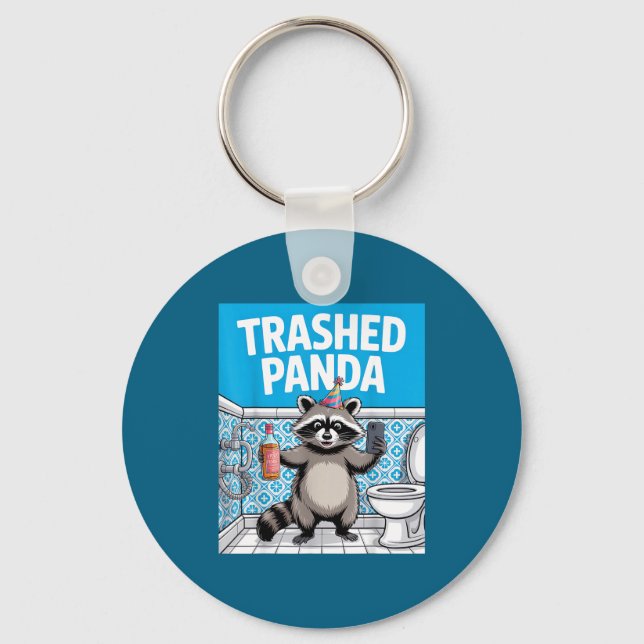 Funny Trashed Panda Raccoon Gets Drunk  Keychain (Front)