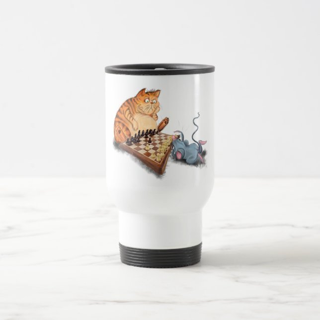 Funny Travel Mug with Cat and Mouse Playing Chess (Center)