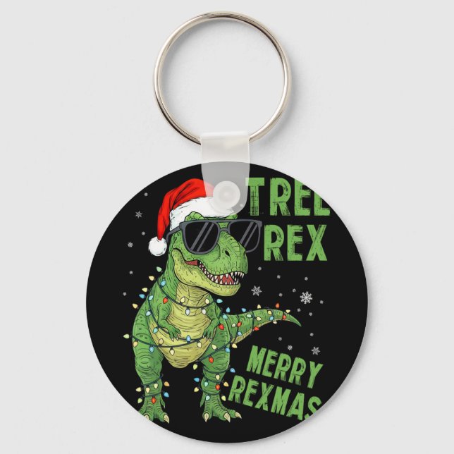 Funny Tree Rex Christmas Dinosaur Santa Hat Lights Keychain (Front)