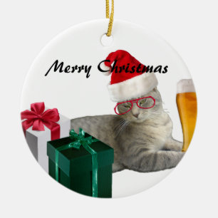 Funny trendy Christmas Santa cat with beer Ceramic Ornament