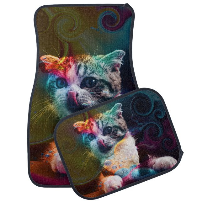 FUNNY TRENDY COLORFUL CAT ART CAR FLOOR MAT (Set)