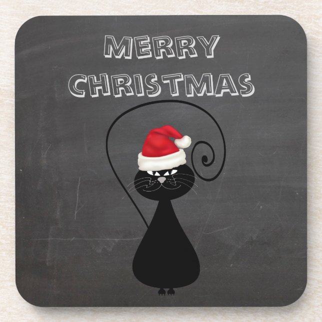 Funny Trendy cute Santa cat Christmas chalkboard Coaster (Front)