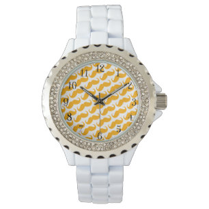 Funny Trendy Orange Neon Mustache Pattern Watch