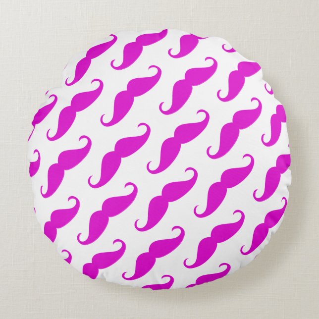 Funny trendy pink neon mustache pattern round pillow (Front)