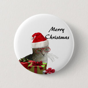 Funny trendy Santa wise cat Christmas Pinback Button