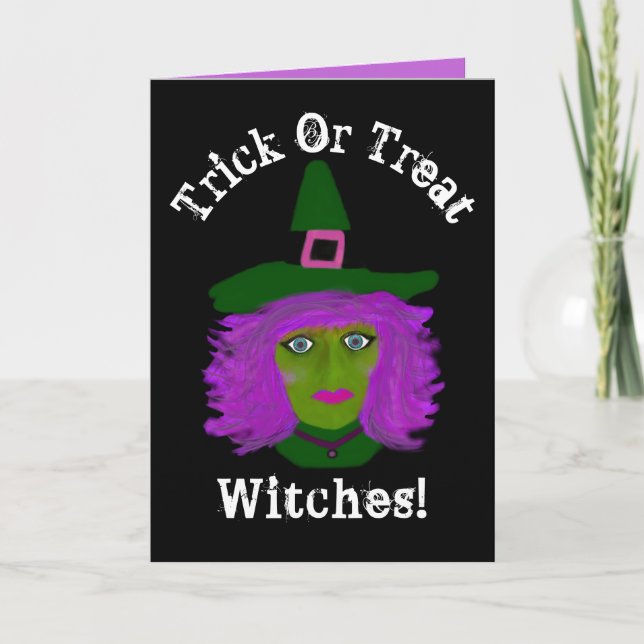 Funny Trick Or Treat Halloween Witch Custom Card (Front)