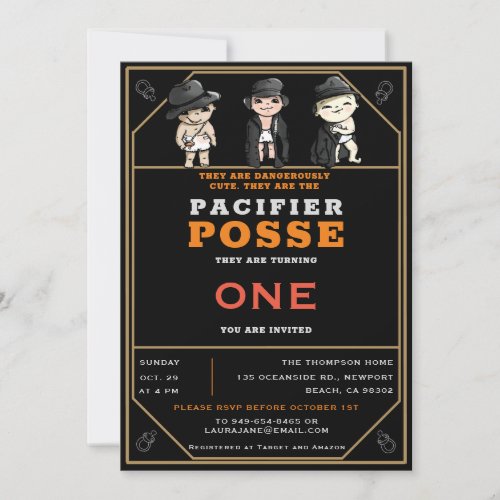 Funny Triplets Pacifier Posse Wild West Birthday Invitation