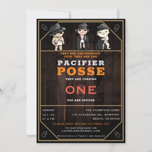 Funny Triplets Pacifier Posse Wild West Birthday  Invitation