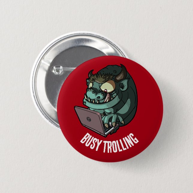 Funny Troll Busy Trolling Internet Laptop Cartoon Button (Front & Back)