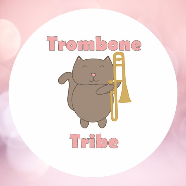Funny Trombone Gift for Cat Lovers Trombone Tribe Classic Round Sticker (A sticker with a cute cat with a trombone and the text trombone tribe in pink.)