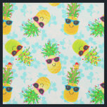 Funny Tropical Christmas Pineapples Fabric<br><div class="desc">Funny,  tropical Christmas pineapples wearing sunglasses and festively decorated with Christmas lights,  ornaments and candy canes.  This pattern has a pastel blue and white background with Hawaiian hibiscus flowers.  This custom fabric is a fun,  tropical accent for Christmas crafts.  Perfect for any pineapple lover!</div>