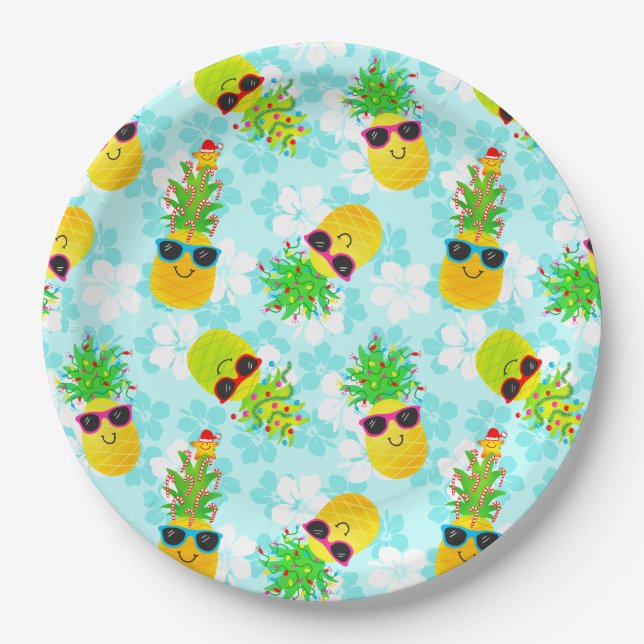 Funny Tropical Christmas Pineapples Paper Plates (Front)