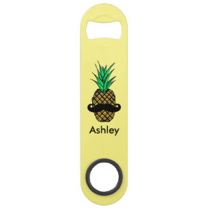 Funny Tropical Pineapple with Mustache Monogram Bar Key