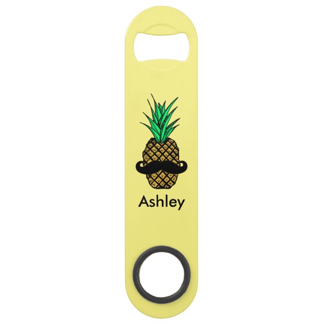 Funny Tropical Pineapple with Mustache Monogram Bar Key (Back)