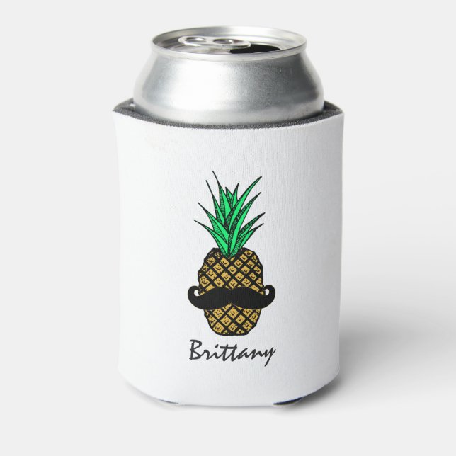 Funny Tropical Pineapple with Mustache Monogram Can Cooler (Can Back)