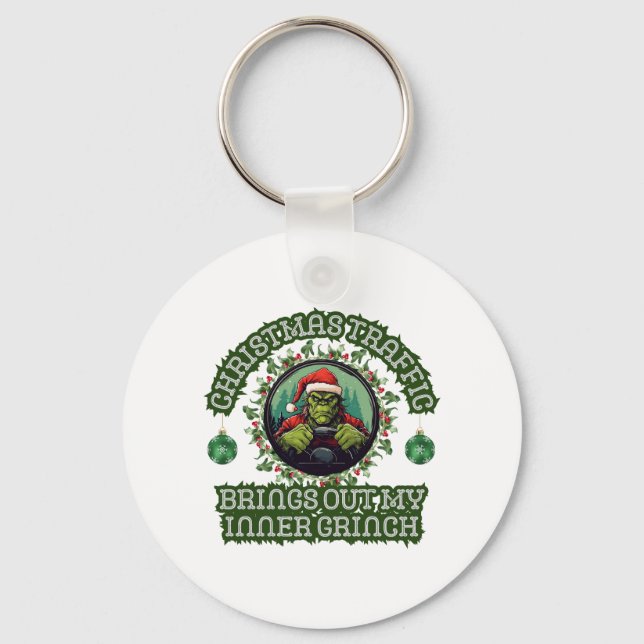 Funny Trucker Christmas Grinch Traffic Holiday Keychain (Front)