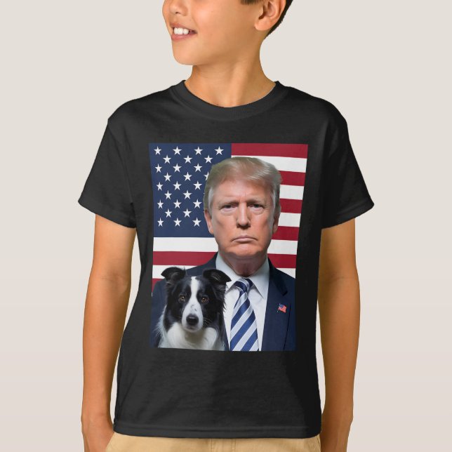 Funny Trump And Border Collie Dog Usa Flag Electio T-Shirt (Front)