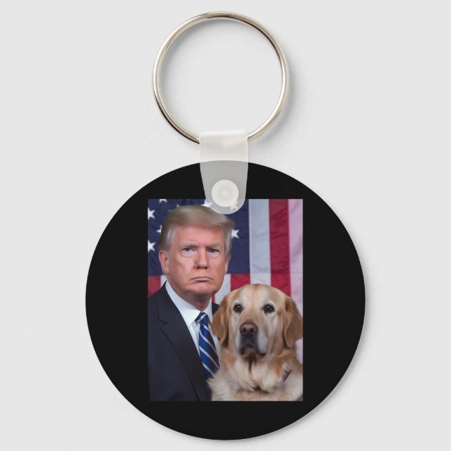 Funny Trump And Golden Retriever Dog Usa Flag Elec Keychain (Front)