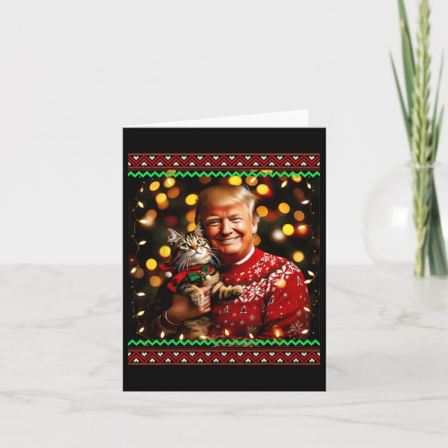Funny Trump Christmas Sweater For Cat Lovers Ugly  Card (Front)