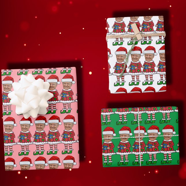 Funny Trump Custom Face Photo Elf Christmas Pink Wrapping Paper Sheets (Creator Uploaded)