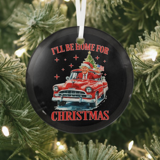 Funny Trump Santa Hat I'll Be Home for Christmas Glass Ornament (Insitu)