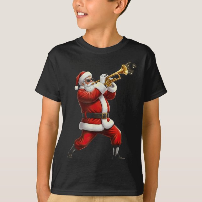 Funny Trumpet Santa Christmas Graphic Player Trump T-Shirt (Front)