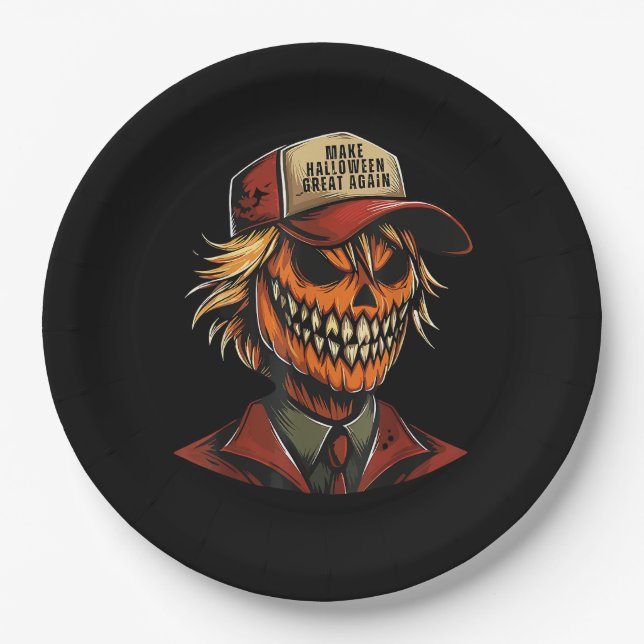Funny Trumpkin Pumpkin Skeleton Make Halloween Gre Paper Plates (Front)