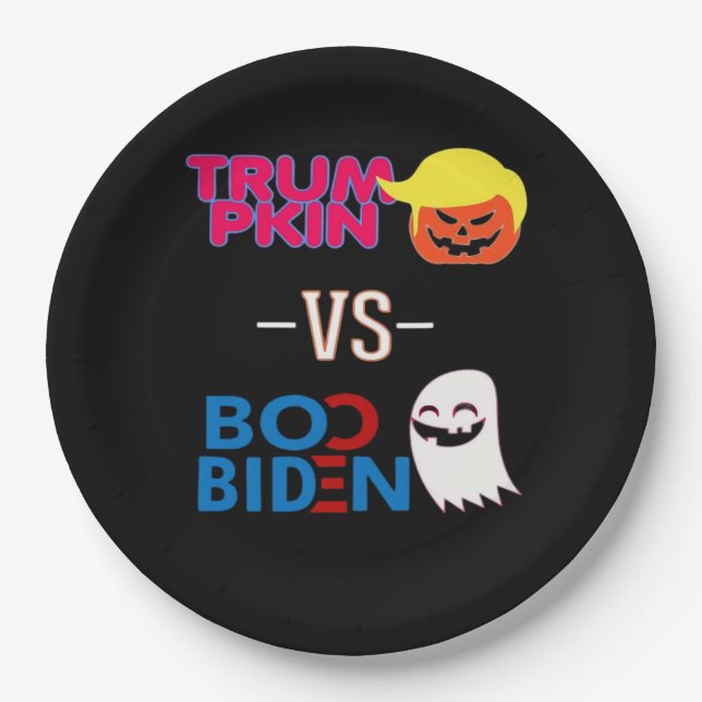 Funny Trumpkin Vs Boo Biden Halloween Design Class Paper Plates (Front)