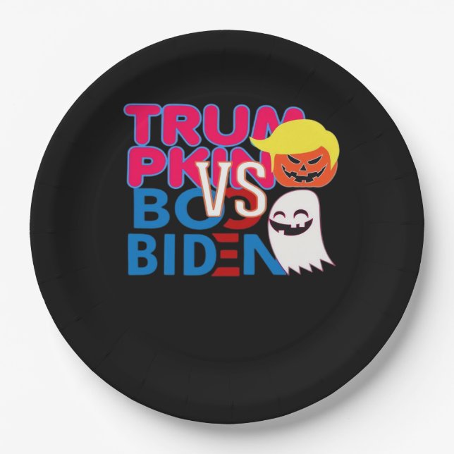 Funny Trumpkin Vs Boo Biden Halloween Design Class Paper Plates (Front)