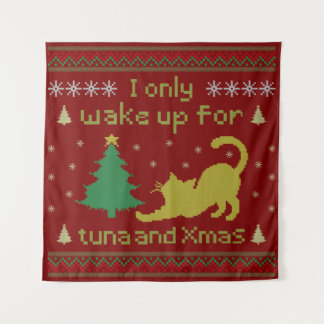 Funny Tuna Christmas Cat – Ugly Xmas Pixel Style Tapestry