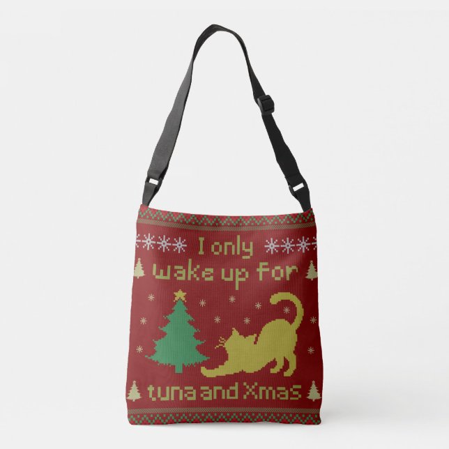Funny Tuna Christmas Cat, Ugly Xmas Style Crossbody Bag (Back)