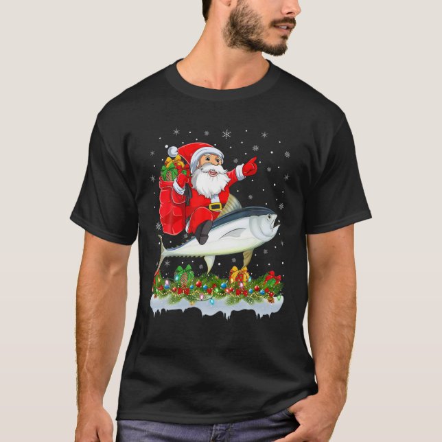 Funny Tuna Fish Lover Santa Riding Tuna Christmas T-Shirt (Front)