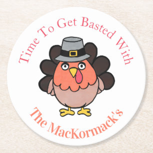 Funny Turkey Day Family Thanksgiving Basted Fun Round Paper Coaster