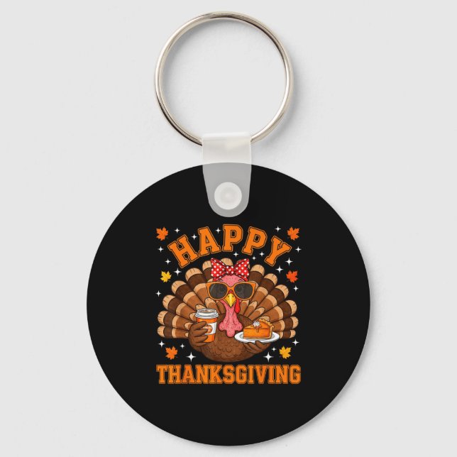 Funny Turkey Drinking Coffee Thanksgiving Bow Girl Keychain (Front)