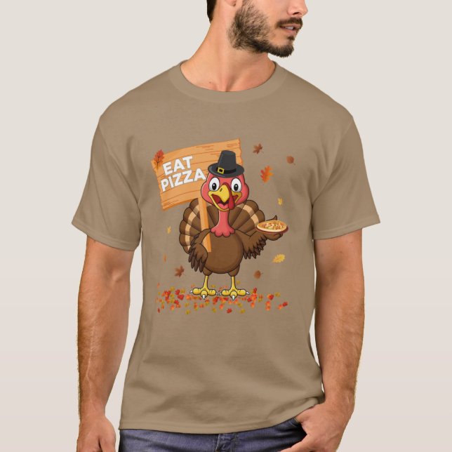 Funny Turkey Eat Pizza Kids Adult Vegan Thanksgivi T-Shirt (Front)