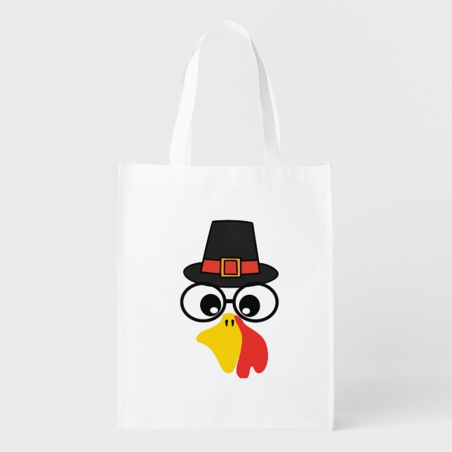 Funny Turkey Face for Thanksgiving Grocery Bag (Front)