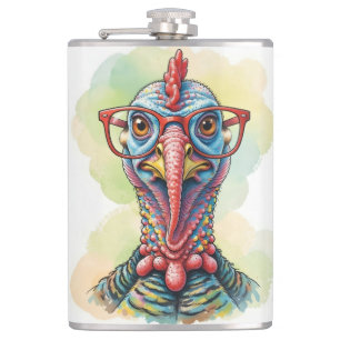 Funny Turkey in Glasses Cartoon Fun Flask