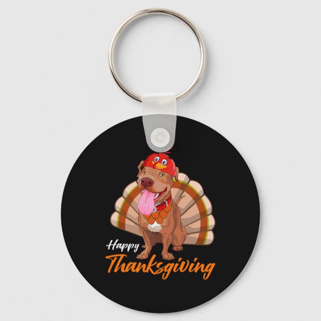 Funny Turkey Pitbull Dog Maple Leaf Fall Vibes Tha Keychain (Front)