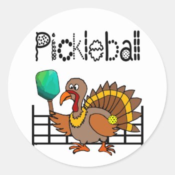 Funny Turkey Playing Pickleball Thanksgiving Classic Round Sticker by naturesmiles at Zazzle