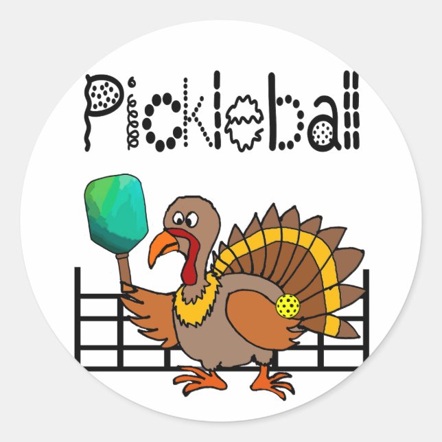 Funny Turkey Playing Pickleball Thanksgiving Classic Round Sticker (Front)