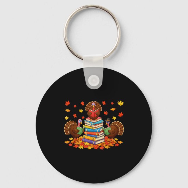 Funny Turkey Reading Book Fall Thanksgiving Teache Keychain (Front)